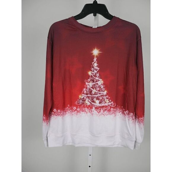 Women's Red & White Lighted Tree Lightweight Crewneck Sweatshirt S - Picture 2 of 10